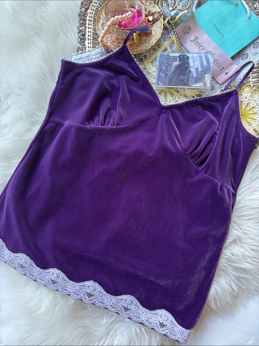 Vintage Y2K Velvet Camisole Top Lace Whimsigoth Fairy Grunge Large Purple Baddie
